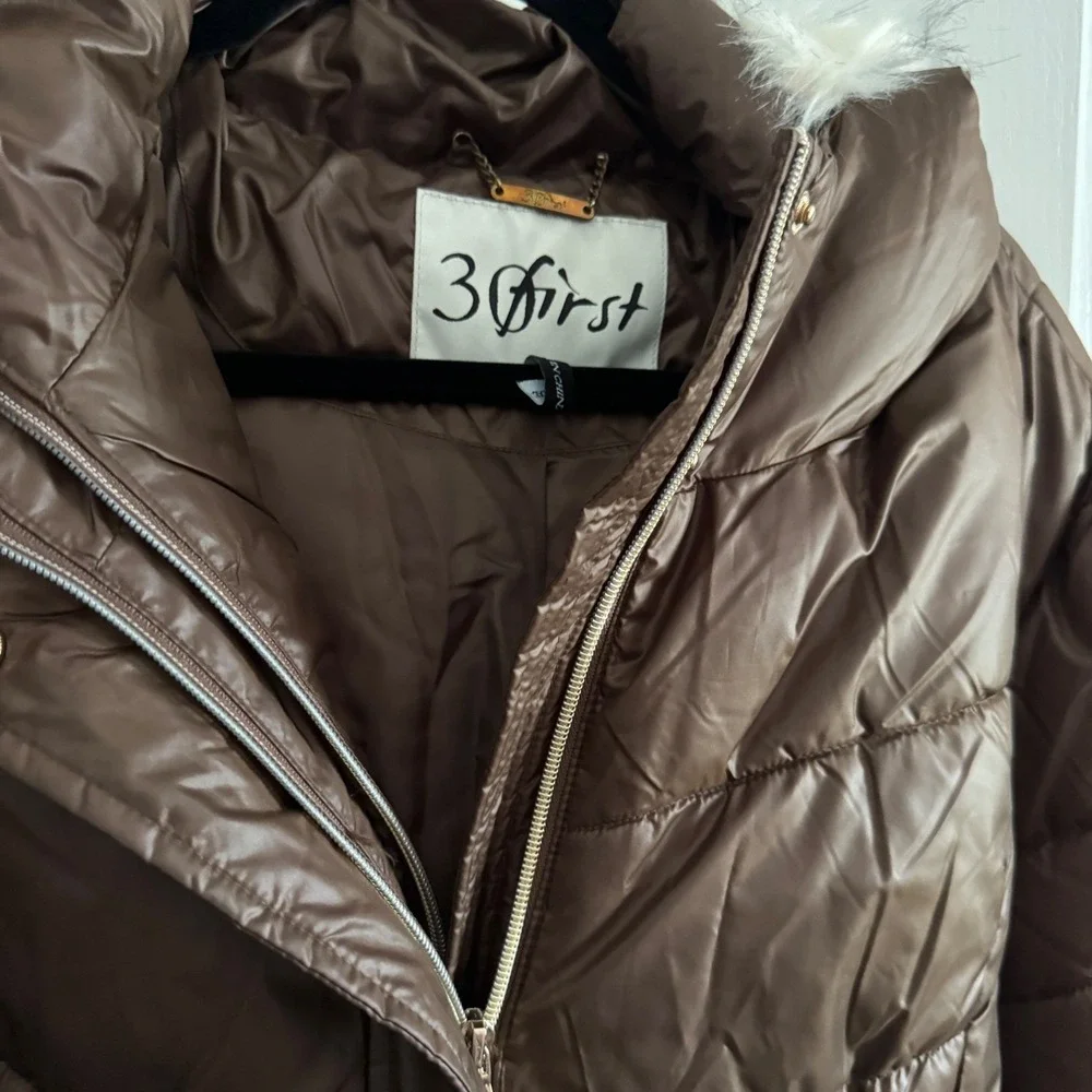 30 First Brown Puffer Parka Faux Fur Hood Cinched Waist Winter Coat Womens 3XL